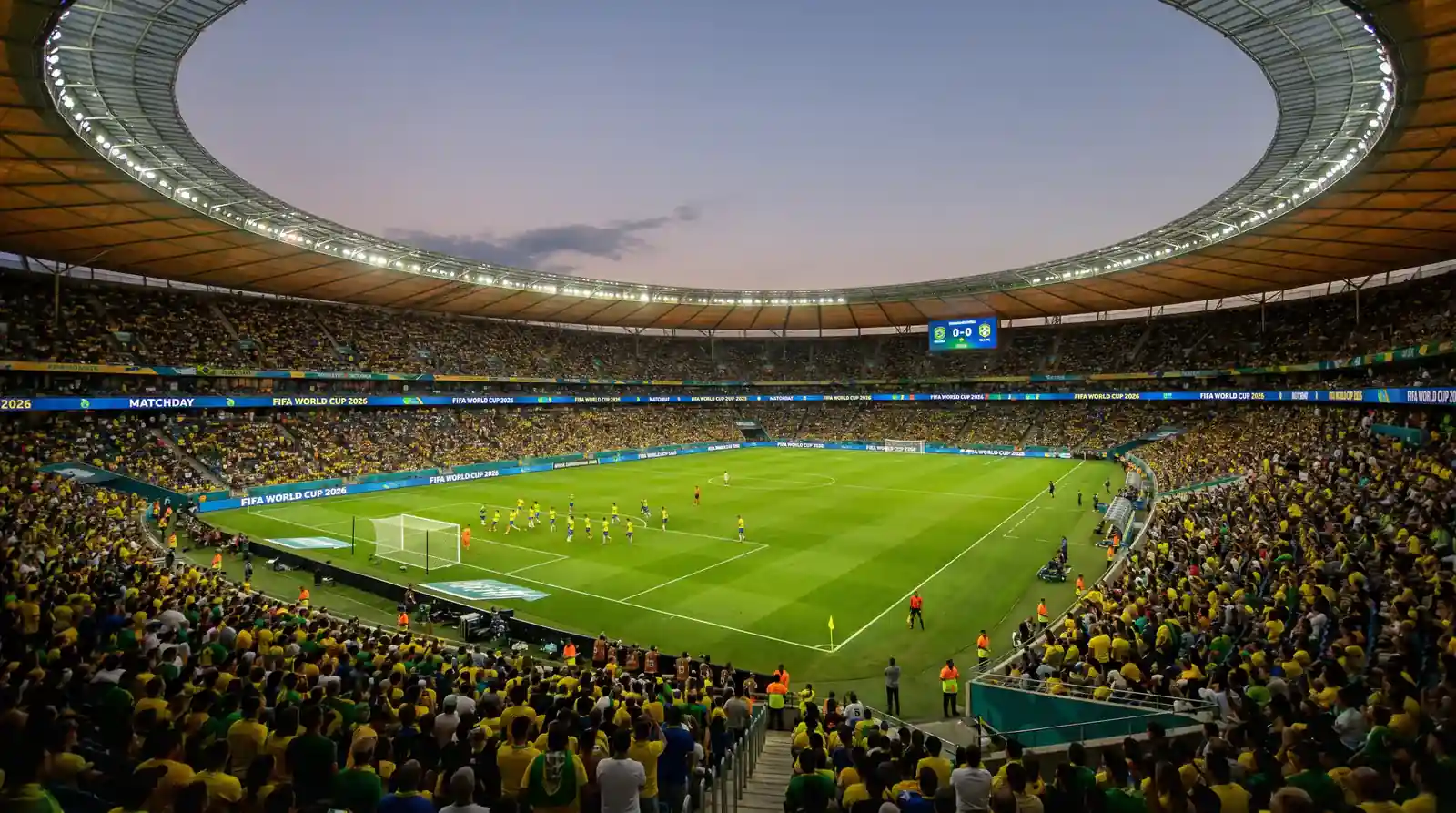 Brasilianische Fussball-Nationalmannschaft im gelben Trikot auf dem Spielfeld bei der WM 2026