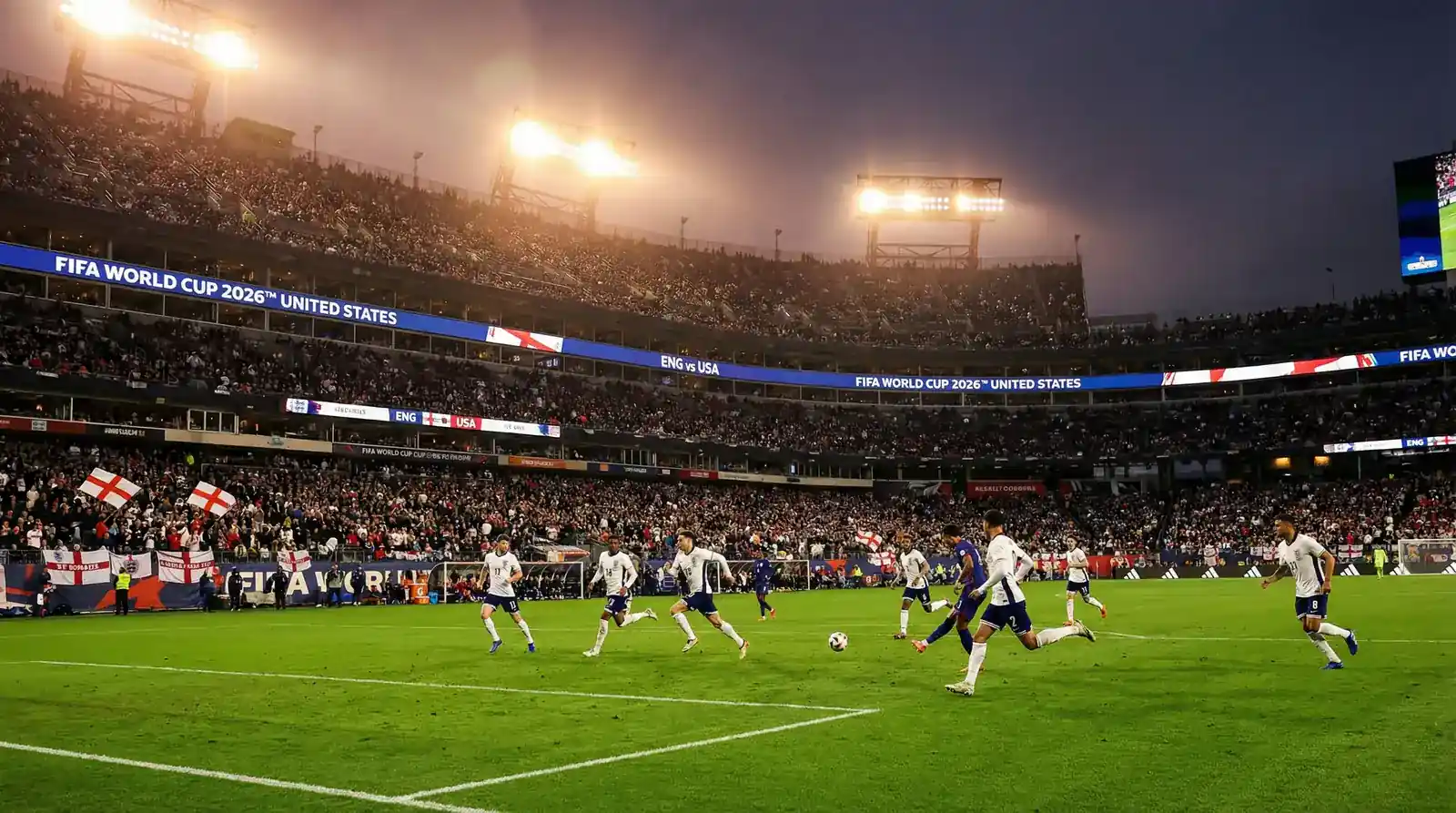 Englische Fussball-Nationalmannschaft im weissen Trikot auf dem Spielfeld bei der WM 2026