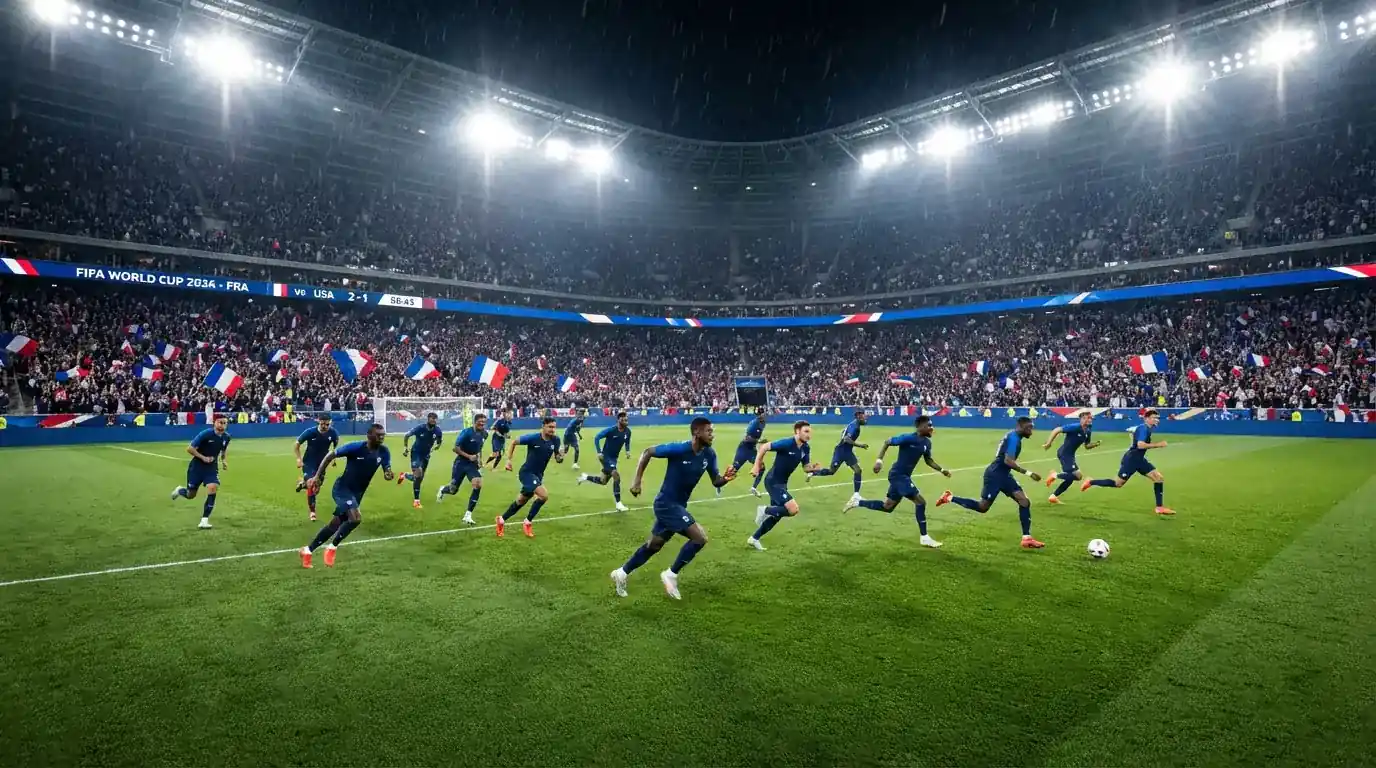 Französische Fussball-Nationalmannschaft im blauen Trikot auf dem Spielfeld bei der WM 2026