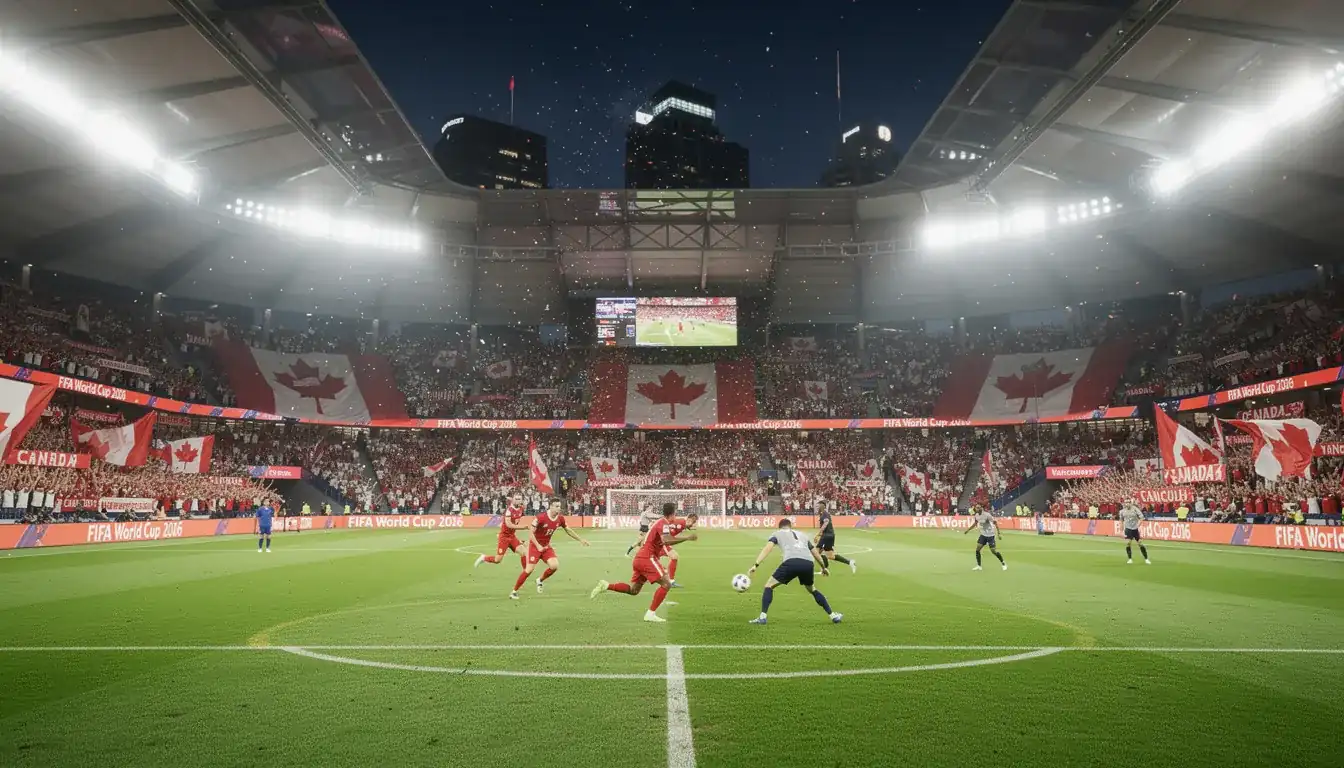 Kanadische Fussball-Nationalmannschaft im roten Trikot auf dem Spielfeld bei der WM 2026