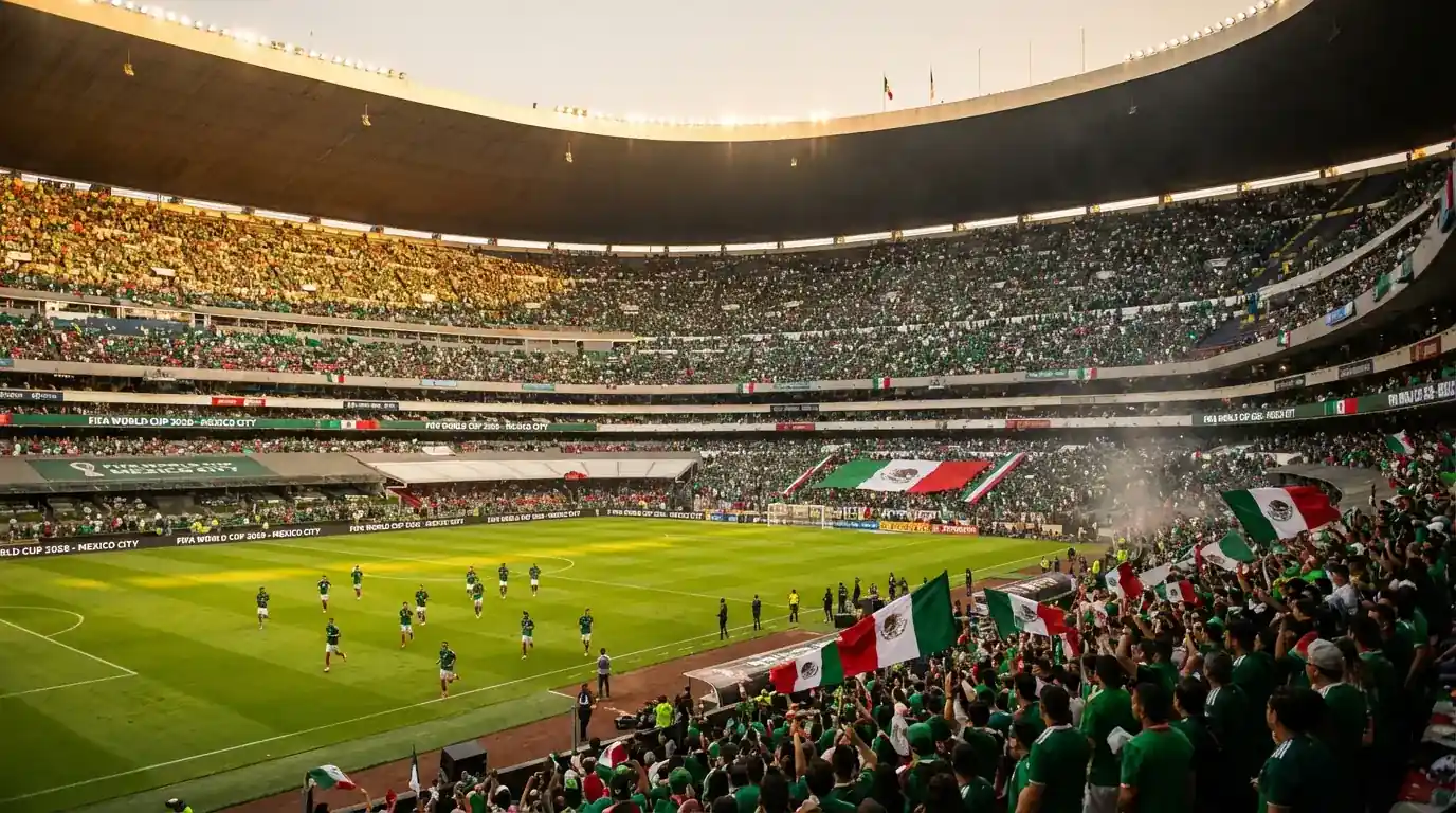 Mexikanische Fussball-Nationalmannschaft im grünen Trikot auf dem Spielfeld im Estadio Azteca