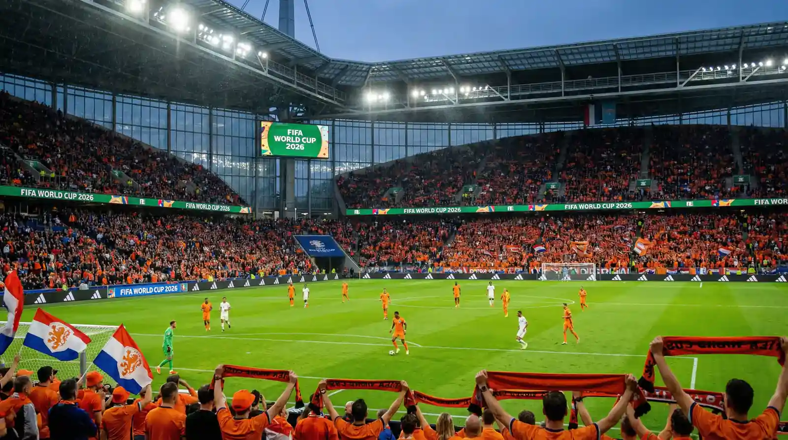 Niederländische Fussball-Nationalmannschaft im orangen Trikot auf dem Spielfeld bei der WM 2026