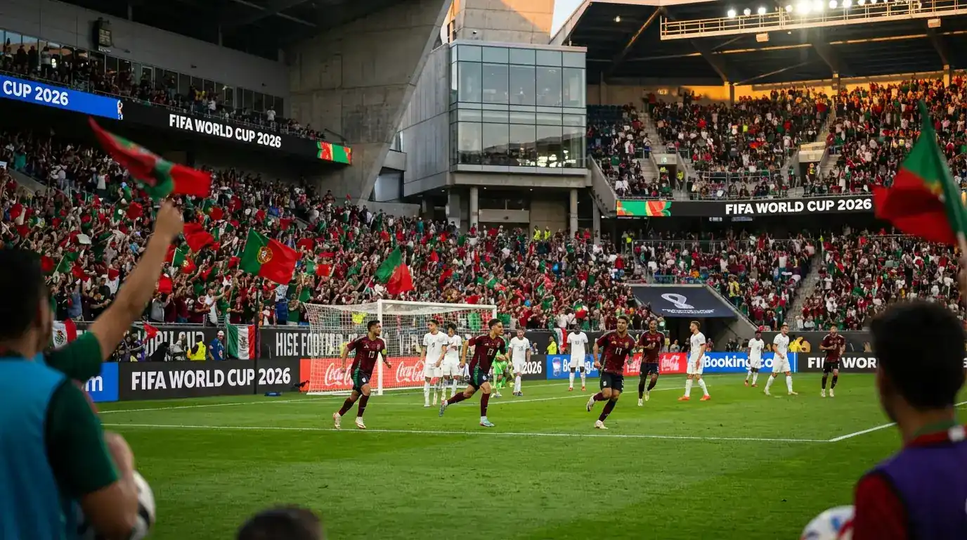 Portugiesische Fussball-Nationalmannschaft im roten Trikot auf dem Spielfeld bei der WM 2026