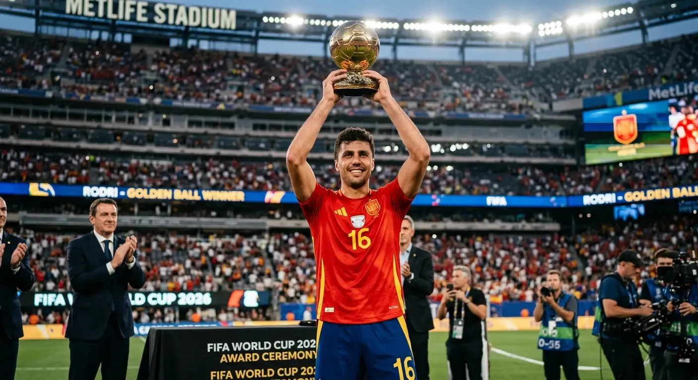 Rodri hebt den Goldenen Ball in die Höhe nach dem WM-Finale 2026