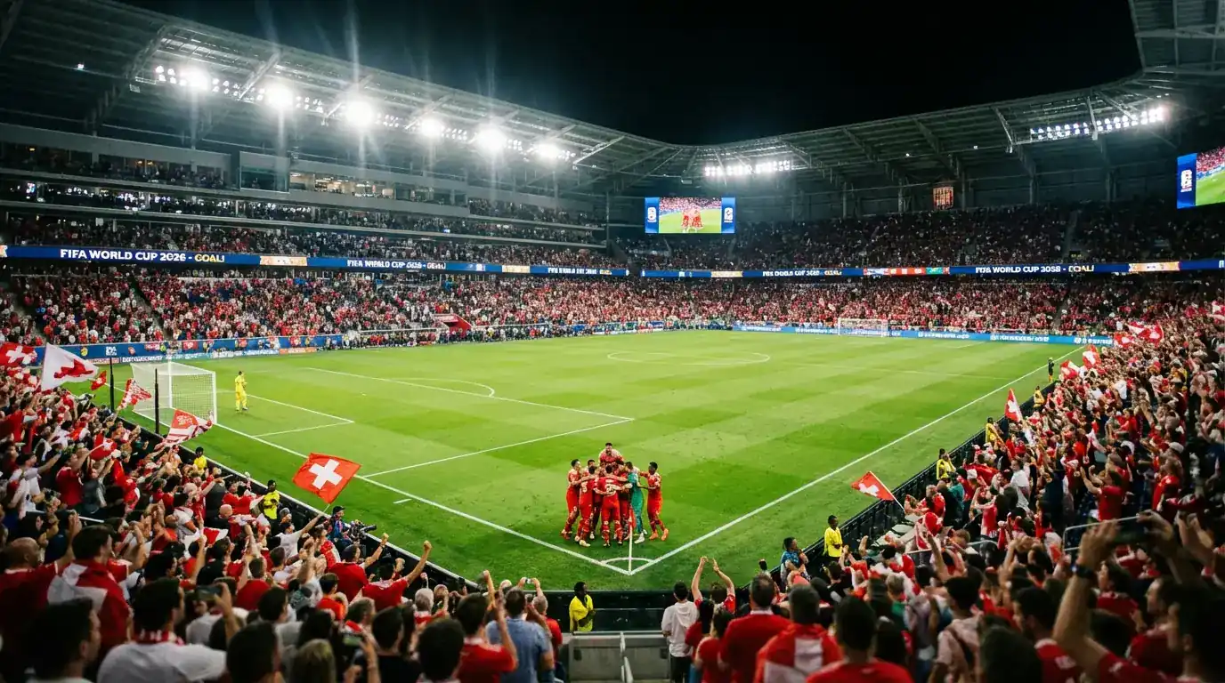 Schweizer Fussball-Nationalmannschaft im Trikot auf dem Spielfeld bei der WM 2026 in Nordamerika