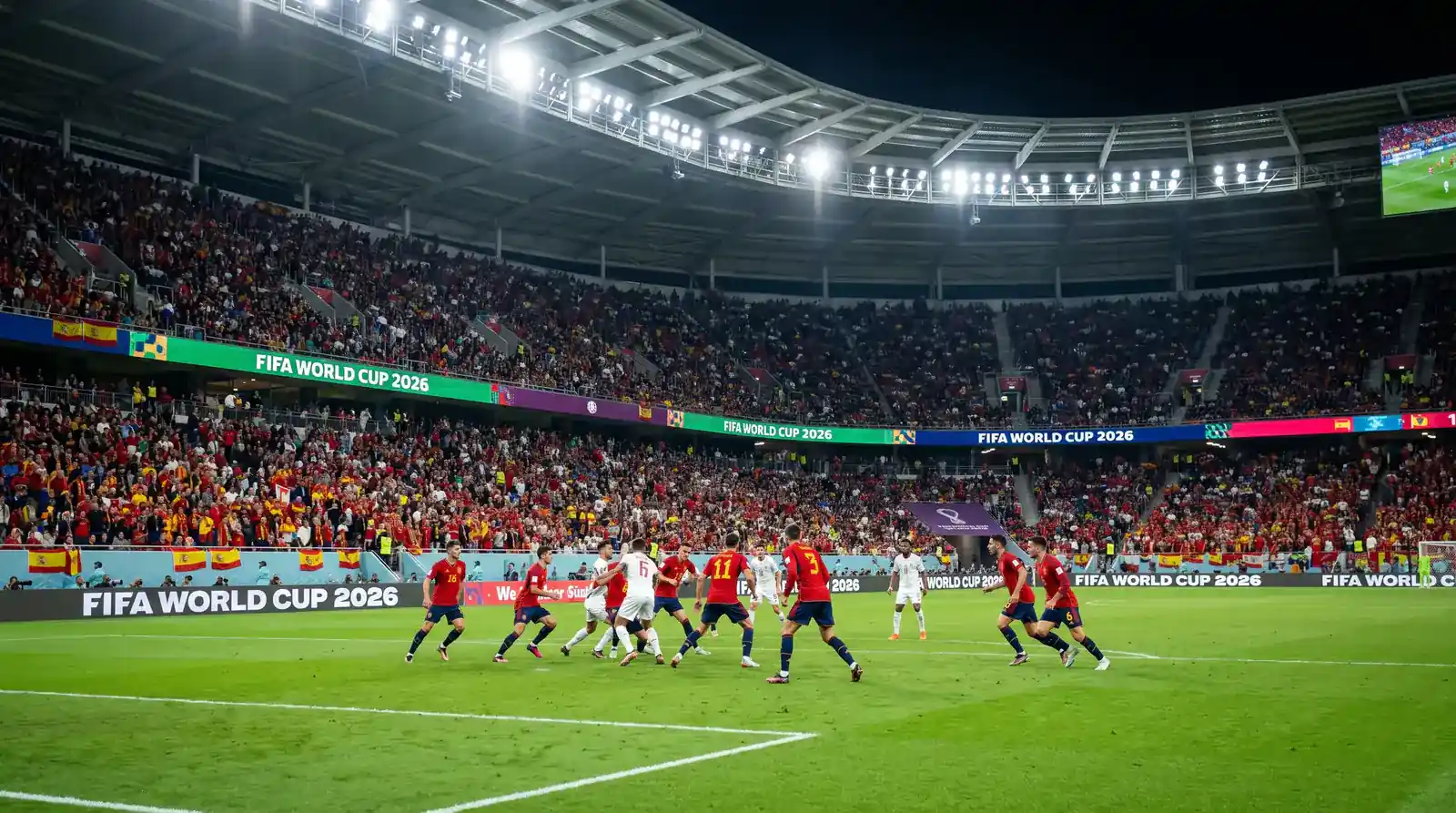Spanische Fussball-Nationalmannschaft im roten Trikot auf dem Spielfeld bei der WM 2026