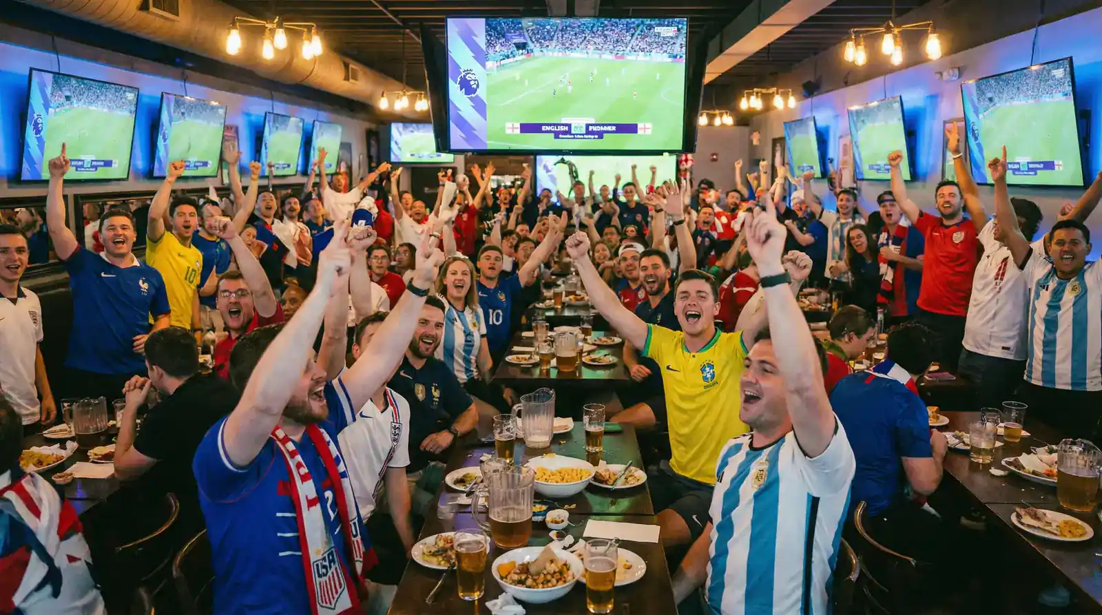Fussballfans in einem Sportcafé verfolgen ein WM-Spiel auf mehreren Bildschirmen