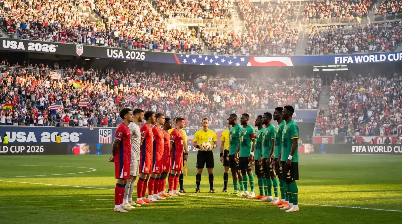 Fussballspieler verschiedener Nationalmannschaften auf dem Spielfeld während eines WM-Gruppenspiels