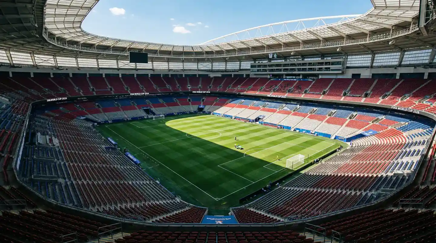 Luftaufnahme eines WM-2026-Stadions mit Fussballfeld und vollen Rängen bei Flutlicht